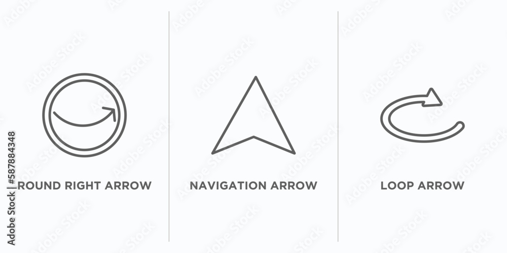 Poster user interface outline icons set. thin line icons such as round right arrow, navigation arrow, loop 