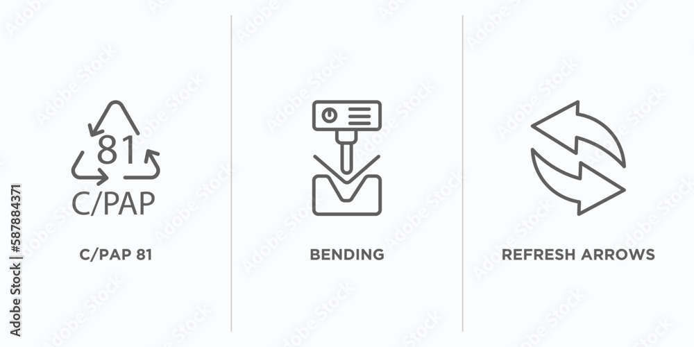Poster user interface outline icons set. thin line icons such as c/pap 81, bending, refresh arrows vector. 