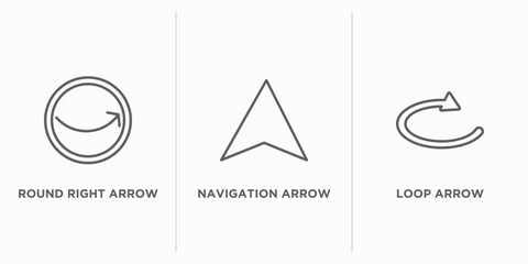 user interface outline icons set. thin line icons such as round right arrow, navigation arrow, loop arrow vector. linear icon sheet can be used web and mobile