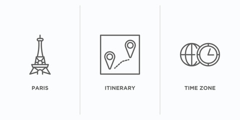 travel outline icons set. thin line icons such as paris, itinerary, time zone vector. linear icon sheet can be used web and mobile