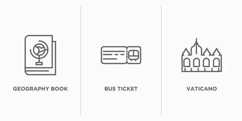 travel outline icons set. thin line icons such as geography book, bus ticket, vaticano vector. linear icon sheet can be used web and mobile