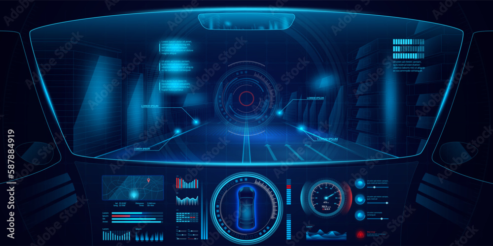 Poster Game car control panel. Autonomous drive. Vehicle cockpit interface. Digital road dashboard. Automotive technology. UI design. Vehicle navigation map. Vector virtual gaming background