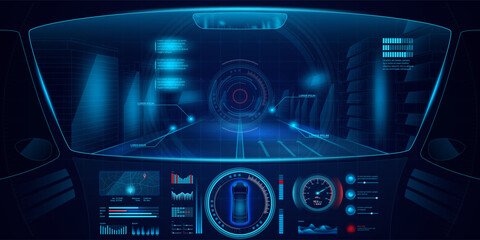 Game car control panel. Autonomous drive. Vehicle cockpit interface. Digital road dashboard. Automotive technology. UI design. Vehicle navigation map. Vector virtual gaming background - obrazy, fototapety, plakaty