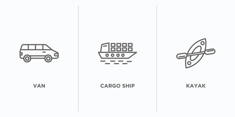 transportation outline icons set. thin line icons such as van, cargo ship, kayak vector. linear icon sheet can be used web and mobile