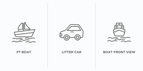 transportation outline icons set. thin line icons such as pt boat, litter car, boat front view vector. linear icon sheet can be used web and mobile