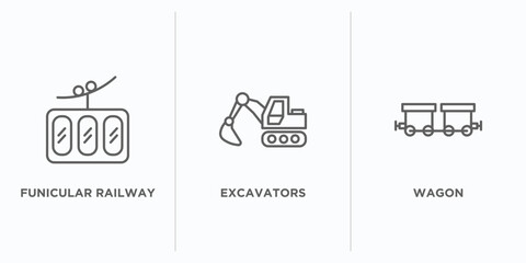 transportation outline icons set. thin line icons such as funicular railway, excavators, wagon vector. linear icon sheet can be used web and mobile