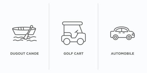 transportation outline icons set. thin line icons such as dugout canoe, golf cart, automobile vector. linear icon sheet can be used web and mobile - obrazy, fototapety, plakaty