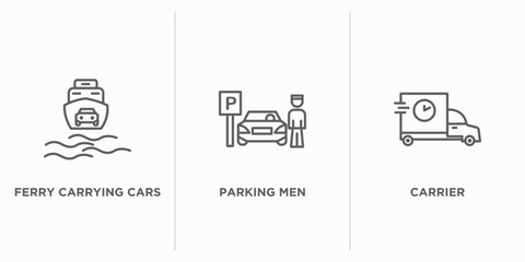 transport outline icons set. thin line icons such as ferry carrying cars, parking men, carrier vector. linear icon sheet can be used web and mobile