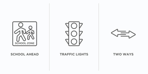 traffic signs outline icons set. thin line icons such as school ahead, traffic lights, two ways vector. linear icon sheet can be used web and mobile