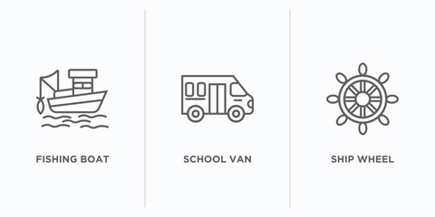transport outline icons set. thin line icons such as fishing boat, school van, ship wheel vector. linear icon sheet can be used web and mobile