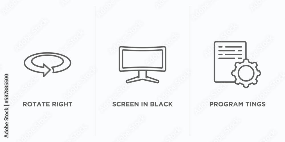 Poster tools and utensils outline icons set. thin line icons such as rotate right, screen in black, program