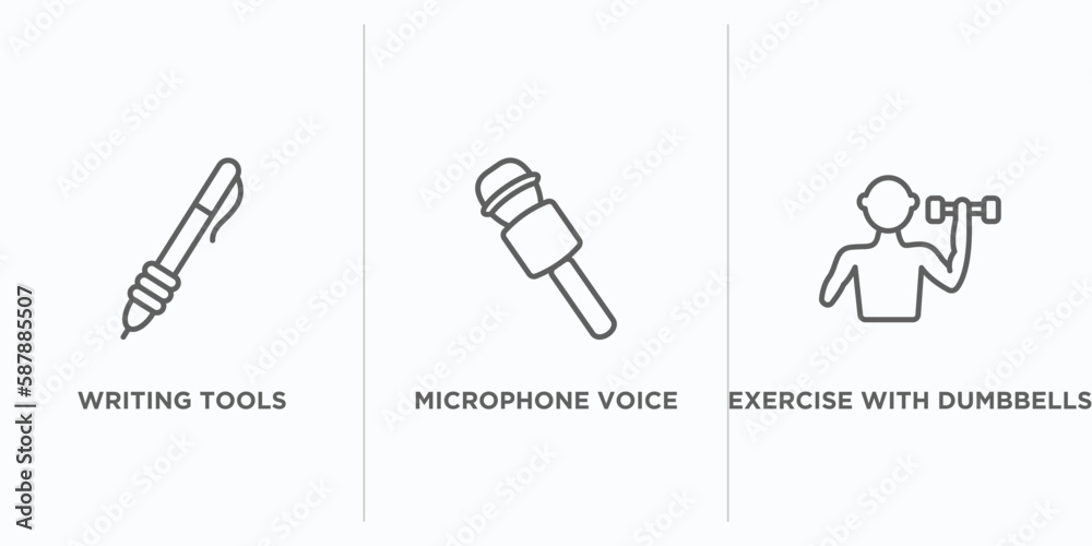 Poster tools and utensils outline icons set. thin line icons such as writing tools, microphone voice tool, 
