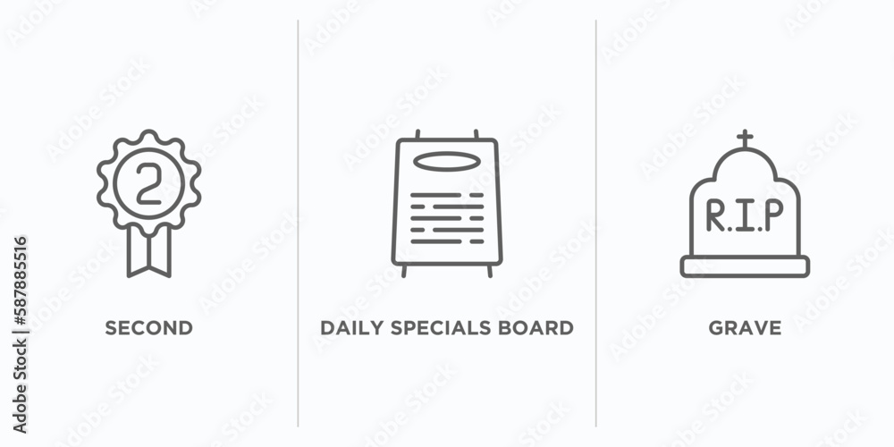 Poster tools and utensils outline icons set. thin line icons such as second, daily specials board, grave ve