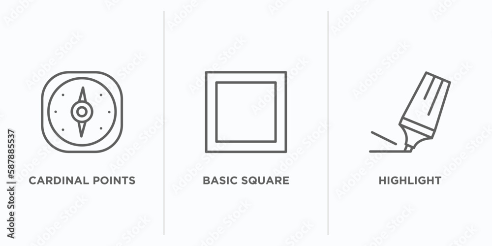 Poster tools and utensils outline icons set. thin line icons such as cardinal points, basic square, highlig