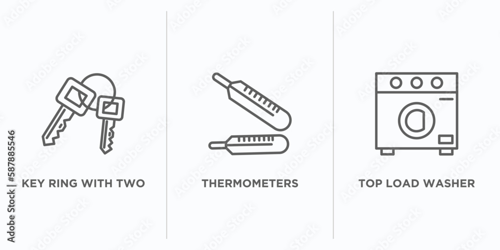 Poster tools and utensils outline icons set. thin line icons such as key ring with two keys, thermometers, 