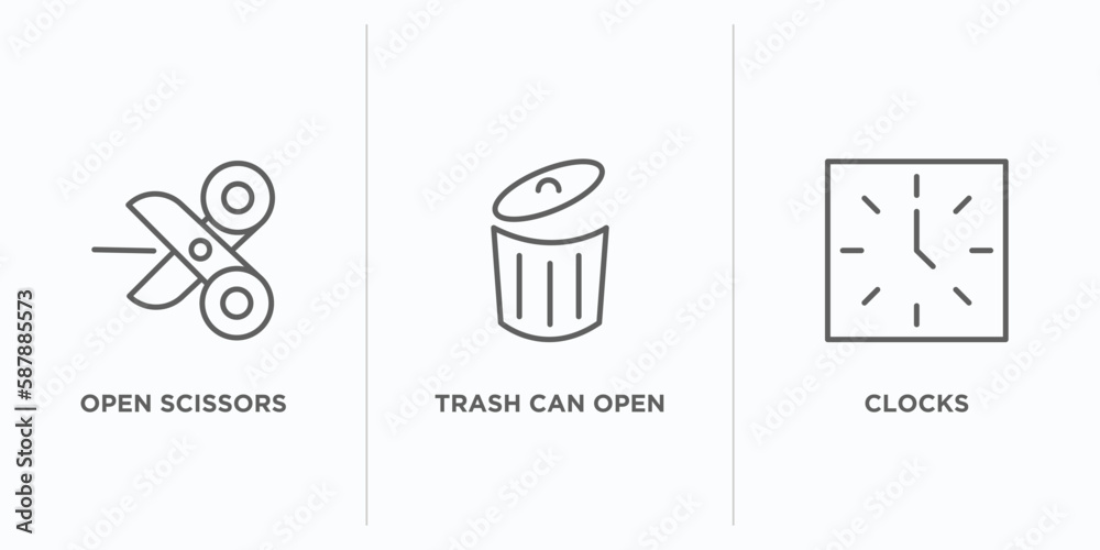 Poster tools and utensils outline icons set. thin line icons such as open scissors, trash can open, clocks 