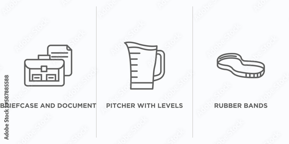 Poster tools and utensils outline icons set. thin line icons such as briefcase and document, pitcher with l