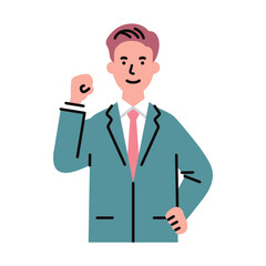 人物_ビジネス03_男性_上半身_腰に手をあて拳を上げる_右手