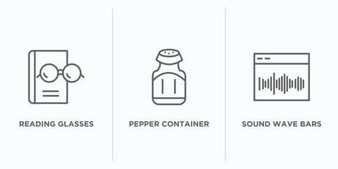 tools and utensils outline icons set. thin line icons such as reading glasses, pepper container, sound wave bars vector. linear icon sheet can be used web and mobile