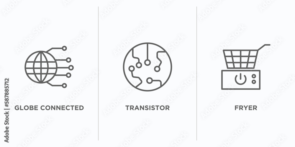 Poster technology outline icons set. thin line icons such as globe connected circuit, transistor, fryer vec