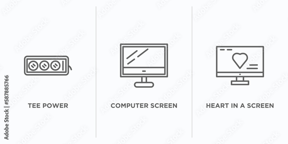 Poster technology outline icons set. thin line icons such as tee power, computer screen linux, heart in a s
