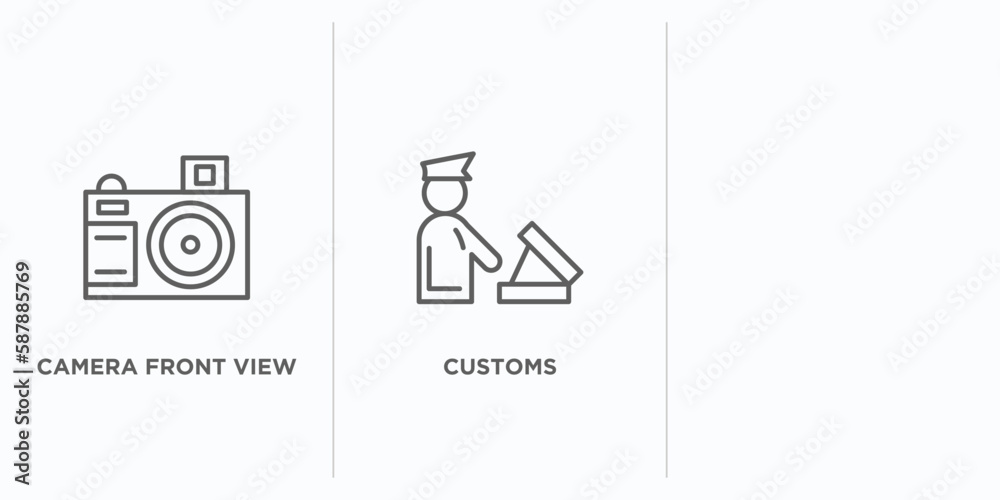 Poster technology outline icons set. thin line icons such as camera front view, customs, computer microproc