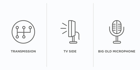 technology outline icons set. thin line icons such as transmission, tv side, big old microphone vector. linear icon sheet can be used web and mobile