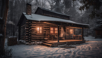 Night snowfall on old cottage in woods generated by AI