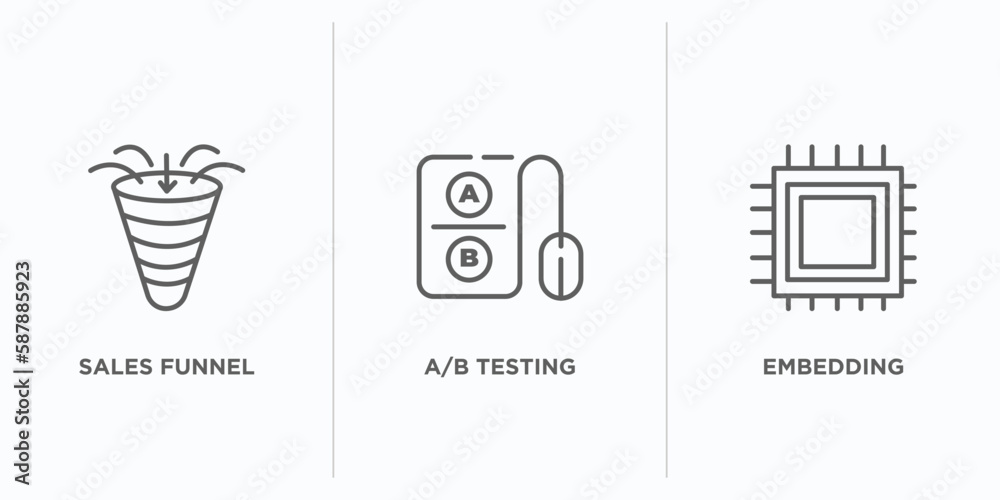 Poster technology outline icons set. thin line icons such as sales funnel, a/b testing, embedding vector. l