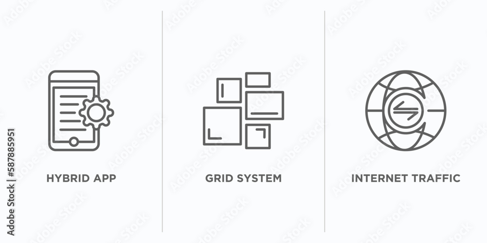 Poster technology outline icons set. thin line icons such as hybrid app, grid system, internet traffic vect