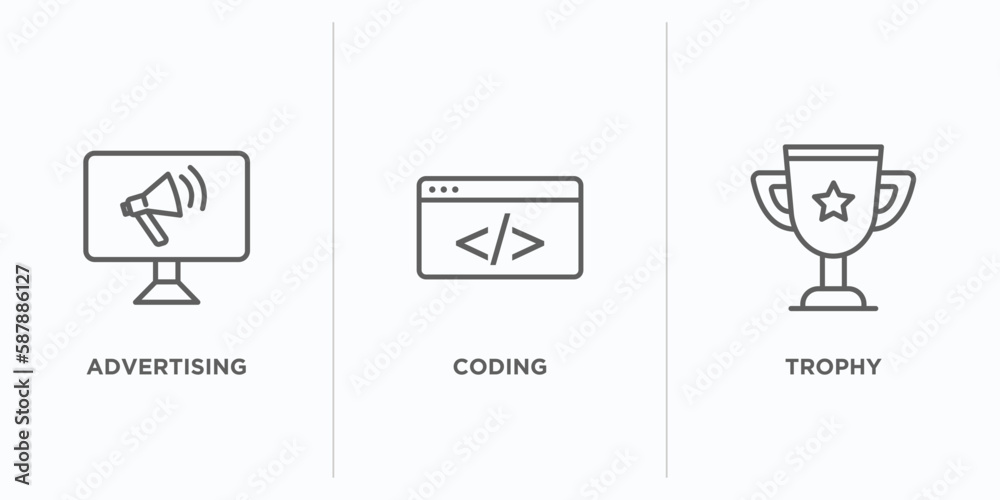 Poster strategy outline icons set. thin line icons such as advertising, coding, trophy vector. linear icon 