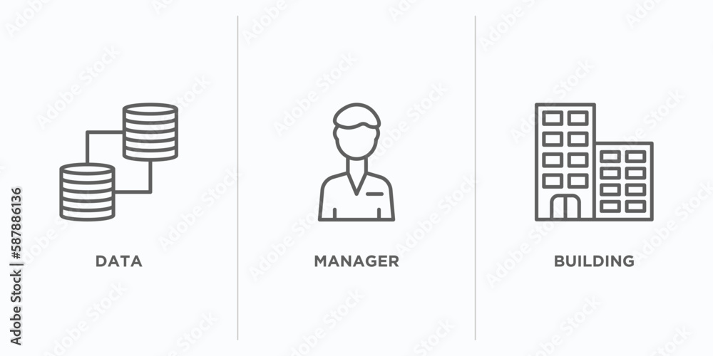 Poster strategy outline icons set. thin line icons such as data, manager, building vector. linear icon shee