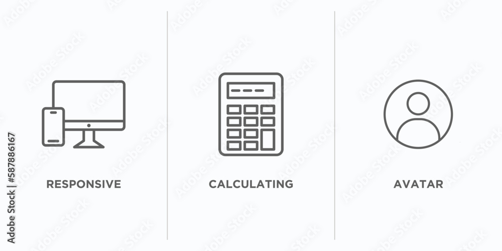Poster strategy outline icons set. thin line icons such as responsive, calculating, avatar vector. linear i