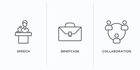 strategy outline icons set. thin line icons such as speech, briefcase, collaboration vector. linear icon sheet can be used web and mobile