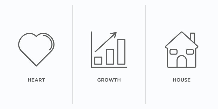 strategy outline icons set. thin line icons such as heart, growth, house vector. linear icon sheet can be used web and mobile