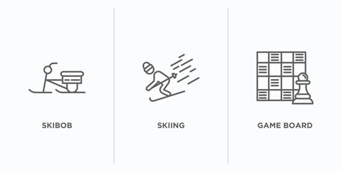 sports outline icons set. thin line icons such as skibob, skiing, game board vector. linear icon sheet can be used web and mobile