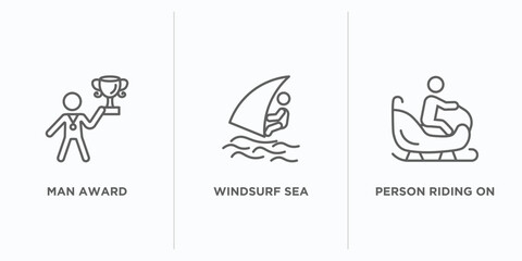 sports outline icons set. thin line icons such as man award, windsurf sea, person riding on sleigh vector. linear icon sheet can be used web and mobile