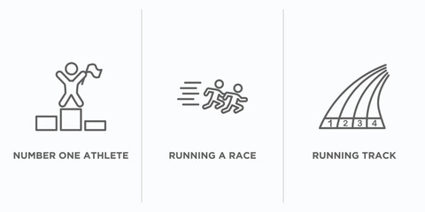 sports outline icons set. thin line icons such as number one athlete, running a race, running track vector. linear icon sheet can be used web and mobile