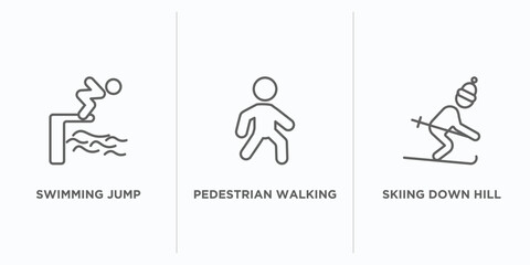 sports outline icons set. thin line icons such as swimming jump, pedestrian walking, skiing down hill vector. linear icon sheet can be used web and mobile