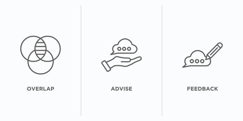 social media marketing outline icons set. thin line icons such as overlap, advise, feedback vector. linear icon sheet can be used web and mobile