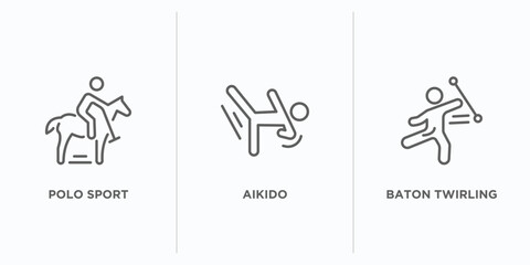 sport outline icons set. thin line icons such as polo sport, aikido, baton twirling vector. linear icon sheet can be used web and mobile
