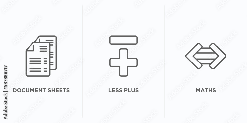 Poster signs outline icons set. thin line icons such as document sheets, less plus, maths vector. linear ic