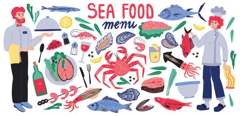 Doodle fish food restaurant menu. Animals cooking in colorful sketch, lobster and oyster, happy meal ingredients. Man and woman waiter and chef. Vector funny drawing wallpaper design