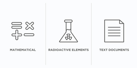 signs outline icons set. thin line icons such as mathematical, radioactive elements, text documents vector. linear icon sheet can be used web and mobile