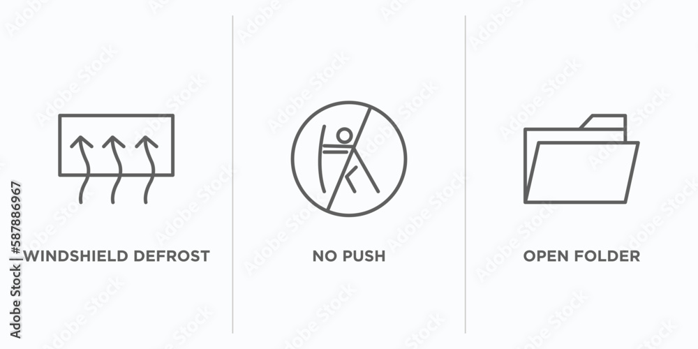 Poster shapes outline icons set. thin line icons such as windshield defrost, no push, open folder vector. l