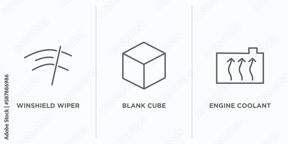 Poster shapes outline icons set. thin line icons such as winshield wiper, blank cube, engine coolant vector