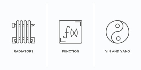 shapes outline icons set. thin line icons such as radiators, function, yin and yang vector. linear icon sheet can be used web and mobile