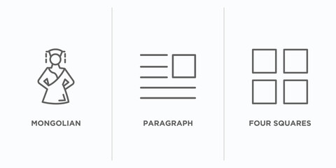 shapes outline icons set. thin line icons such as mongolian, paragraph, four squares vector. linear icon sheet can be used web and mobile