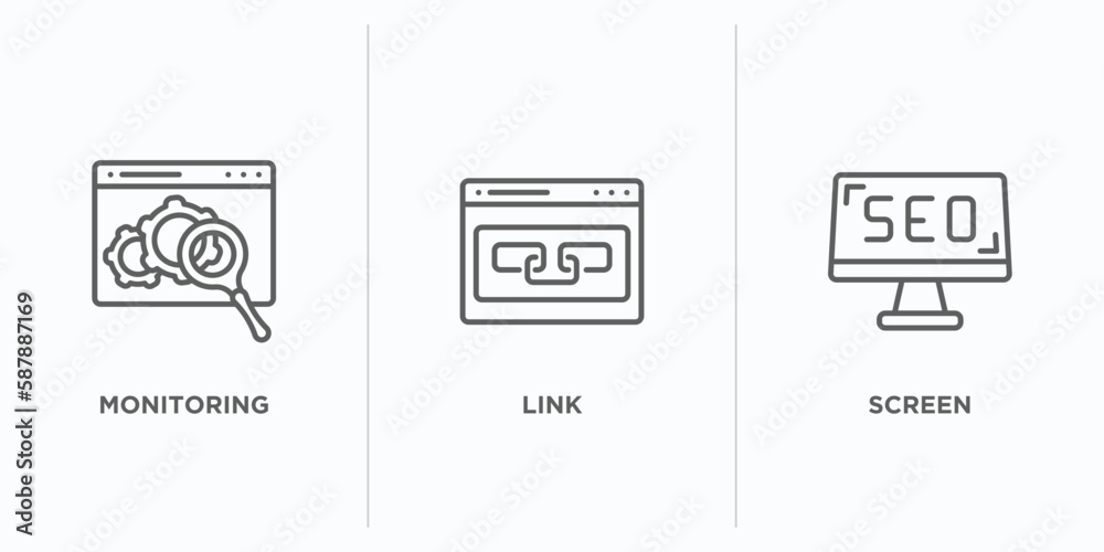 Poster search engine optimization outline icons set. thin line icons such as monitoring, link, screen vecto