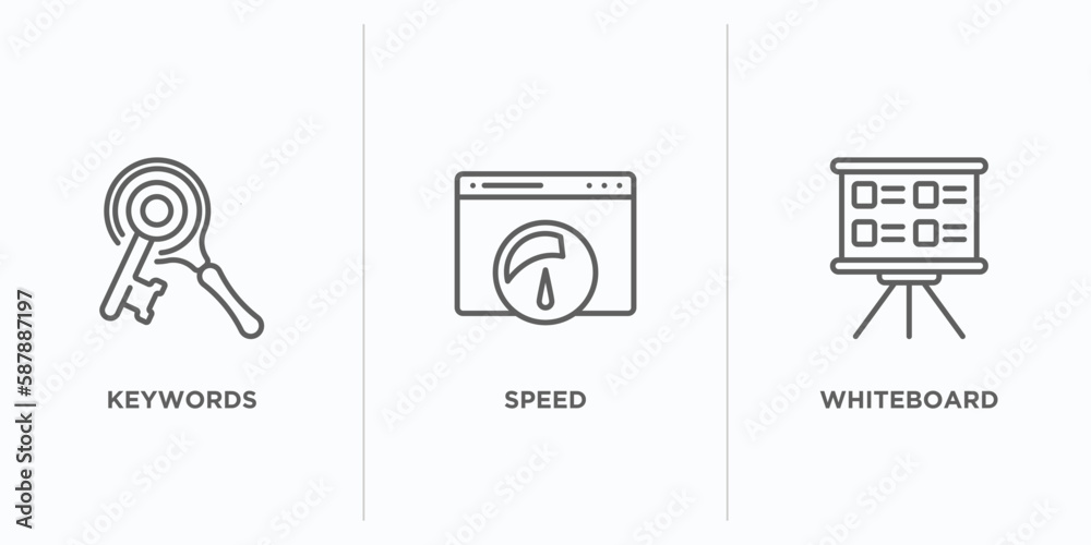 Poster search engine optimization outline icons set. thin line icons such as keywords, speed, whiteboard ve